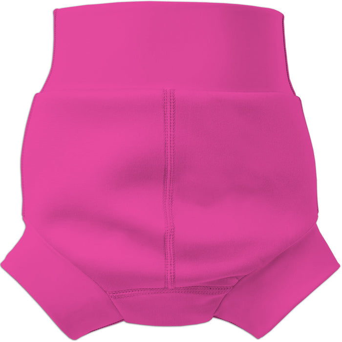 Flat lay image of neoprene swim diaper in hot pink, back.