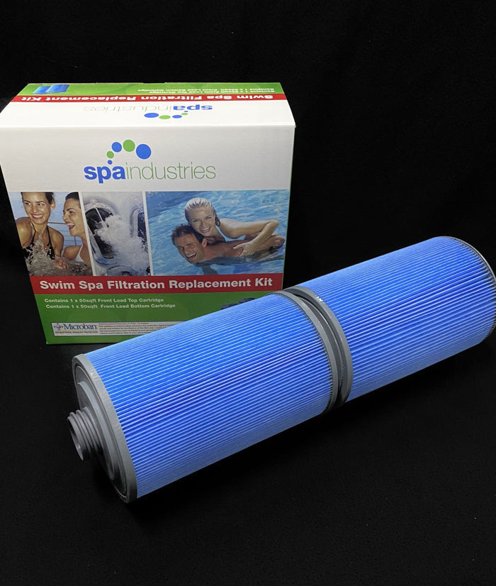 Interlock filter cartridge set containing upper and lower swim spa filter cartridges SS50T and SS50B with stacked connection design for Sapphire, Signature and Bullfrog spas.