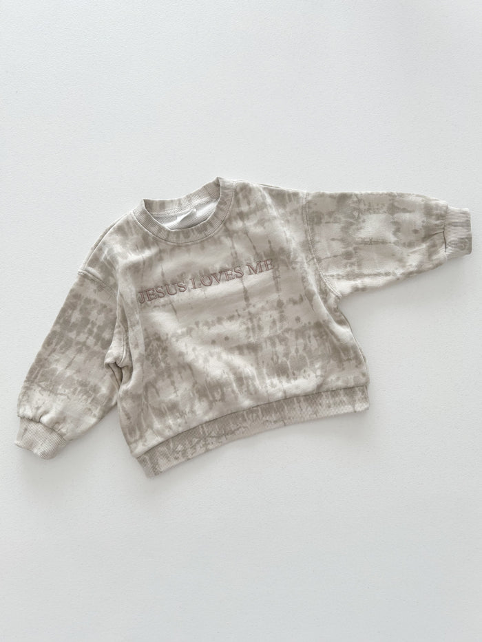 Kids JESUS LOVES ME Tie-Dye Sweatshirt (6m-7y) - Beige Gray