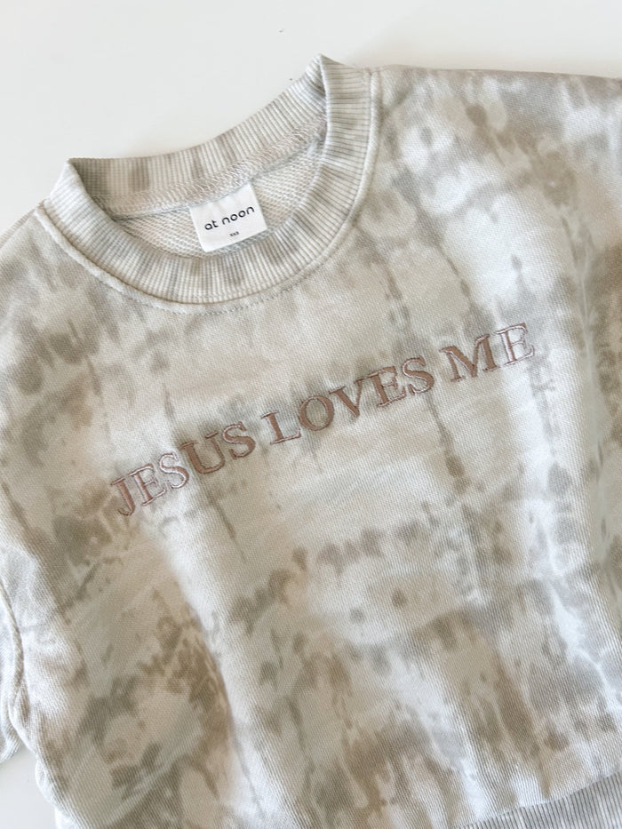 Kids JESUS LOVES ME Tie-Dye Sweatshirt (6m-7y) - Beige Gray