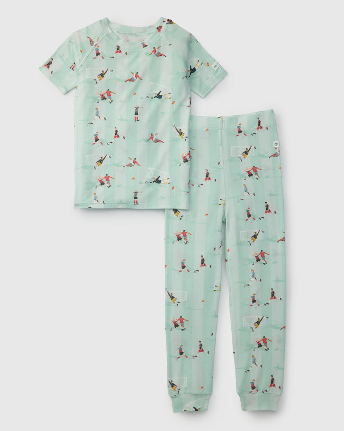 Loulou Lollipop Short Sleeve Long Pants Pajama Set in The Beautiful Game — front view on white background