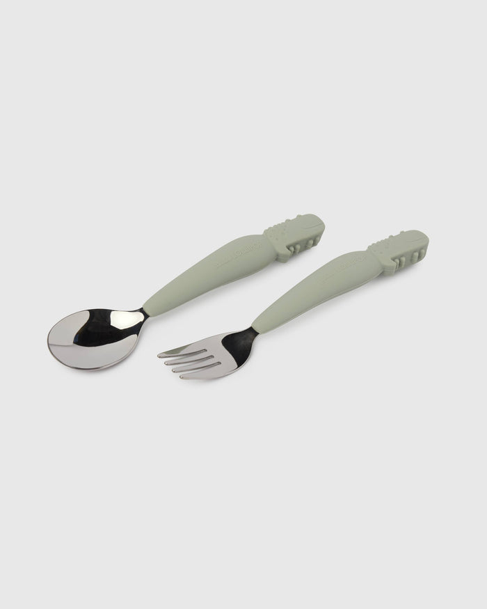 Loulou Lollipop Kids Utensils Set in Alligator — front view on white background