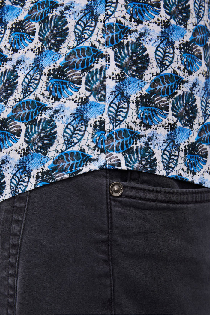 Leo White with Multi Blue Leaves Shirt