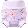 Reusable swim diaper in lilac and floral themed print. Front.