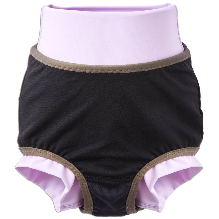 Reusable swim diaper in lilac and floral themed print. Inside out.