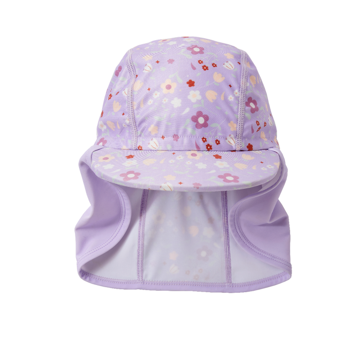 Legionnaire style sun hat in lilac, with floral themed print panel. Front.