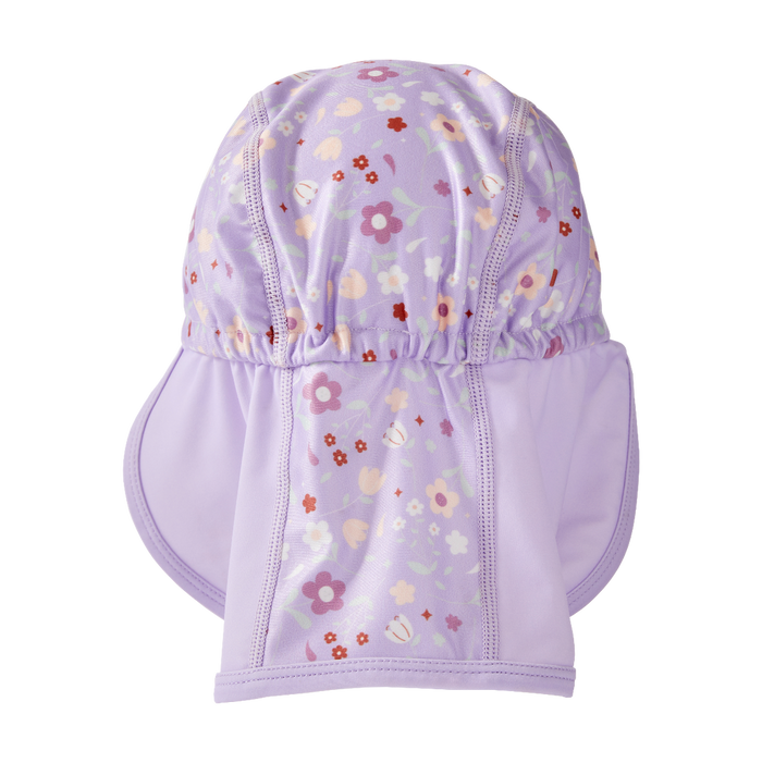 Legionnaire style sun hat in lilac, with floral themed print panel. Back.