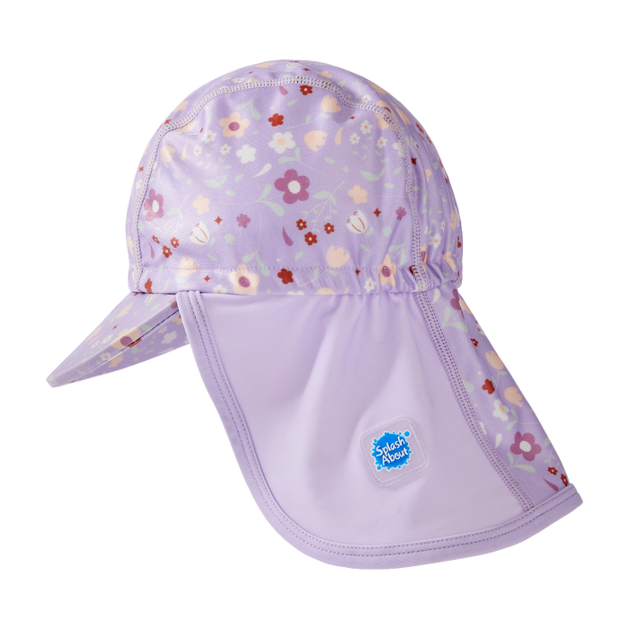 Legionnaire style sun hat in lilac, with floral themed print panel. Side.