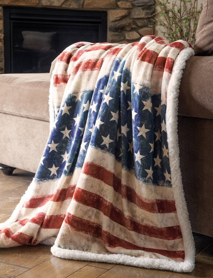 Linen Mart - Wrangler Stars & Stripes USA American Flag Plush Fur Sherpa Borrego Fleece Throw Blanket