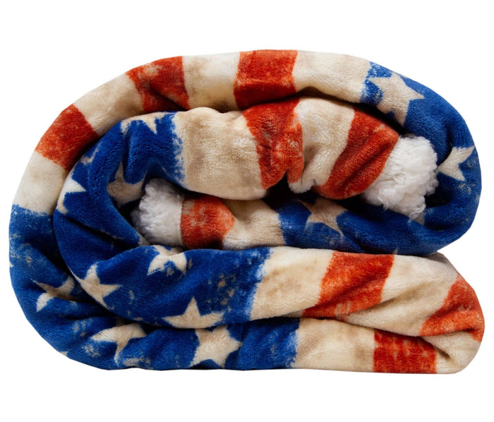 Linen Mart - Wrangler Stars & Stripes USA American Flag Plush Fur Sherpa Borrego Fleece Throw Blanket