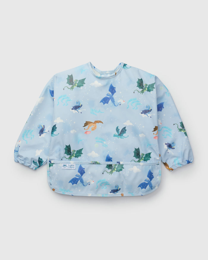 Loulou Lollipop Long Sleeve Bib in Magical Dragons — front view on white background