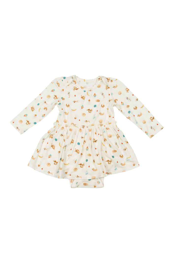 Loulou Lollipop Long Sleeve Bodysuit Dress in French Breakfast — front view on white background