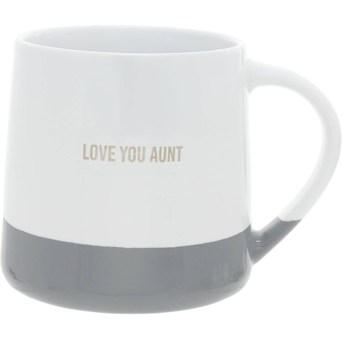 "Love You Aunt" 17 oz coffee mug with raised metallic gold lettering, white matte top and charcoal-gray glossy base