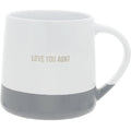 "Love You Aunt" 17 oz coffee mug with raised metallic gold lettering, white matte top and charcoal-gray glossy base