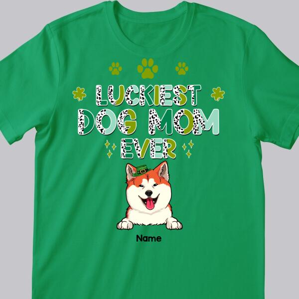 Luckiest Dog Mom Ever, Leopard T-shirt, Personalized Dog Breeds T-shirt, St. Patrick Day Gifts For Dog Moms