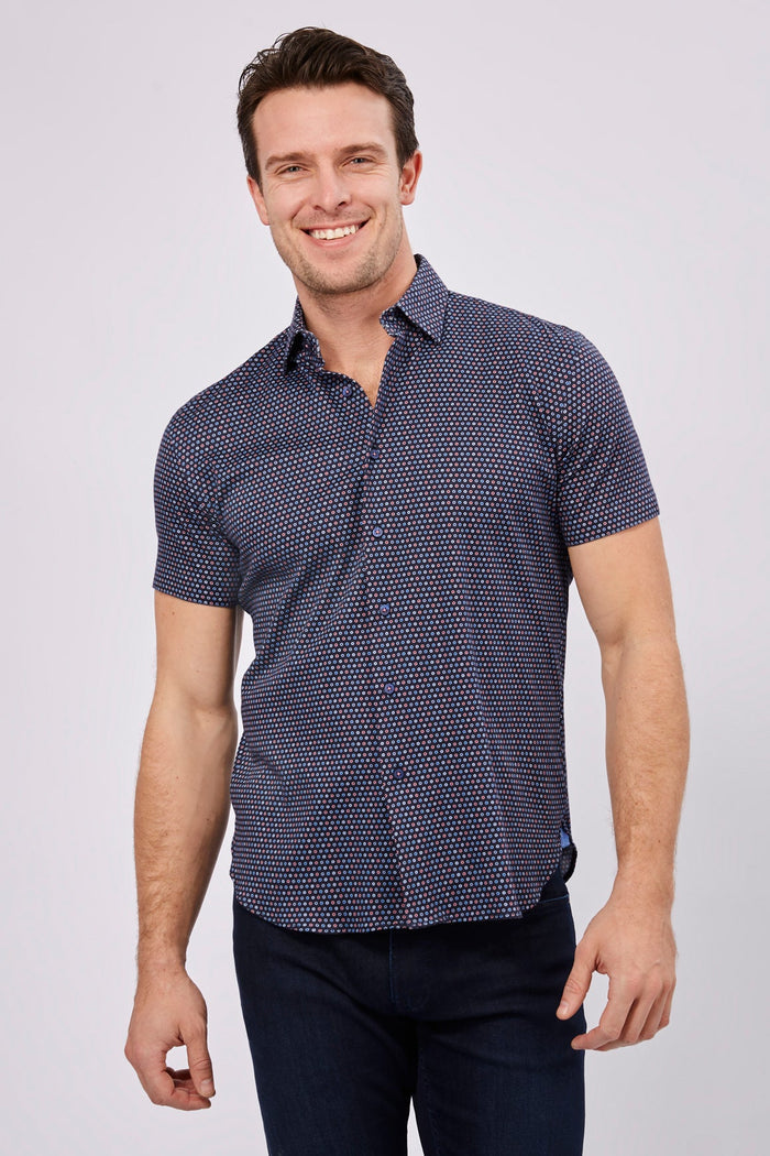 Max Colton Navy in Red, Purple and Blue Mini Circles Short Sleeve Jersey Knit