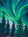 Midnight Magic fine art print by Michigan artist Mary Bea McWatters featuring pine trees and the Northern Lights.