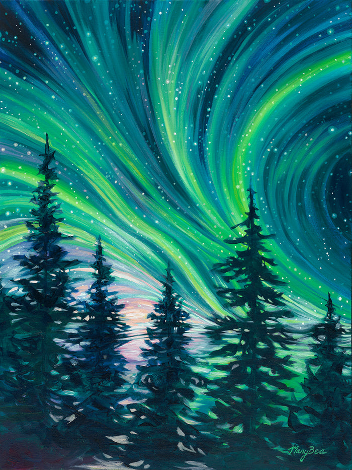 Midnight Magic fine art print by Michigan artist Mary Bea McWatters featuring pine trees and the Northern Lights.