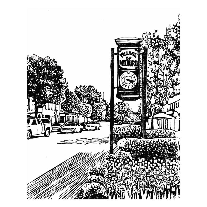 Milford Clock  Original Block Print by Natalia Wohletz of Peninsula Prints, Village of Milford, Michigan.