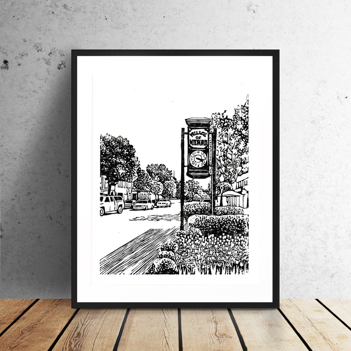Milford Clock is a one-color linoleum block print depicting Milford, Michigan's Main Street, by Natalia Wohletz of Peninsula Prints.