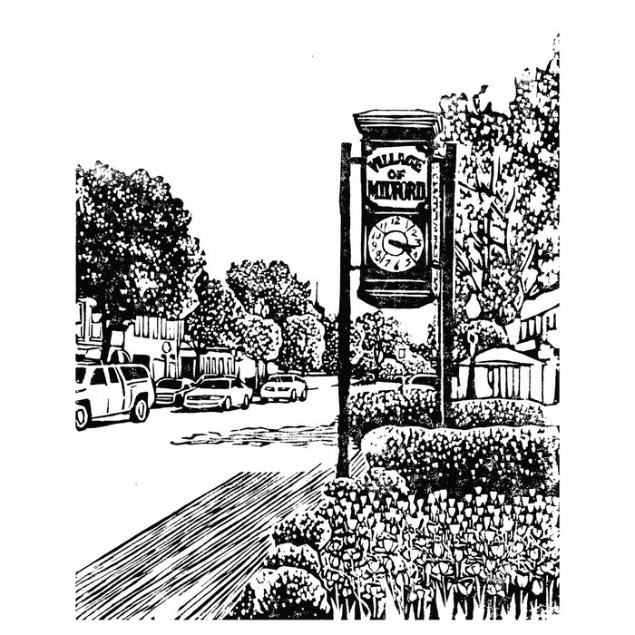 Milford, Michigan art by printmaker Natalia Wohletz of Peninsula Prints titled Milford Clock.