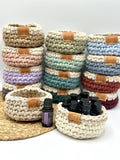 This versatile basket comes with an oat base color and rim. The Boho baskets are perfect for holding essential oils, tinctures, pacifiers, jewelry and more. Handmade.Organic cotton. Safe and non-toxic.
