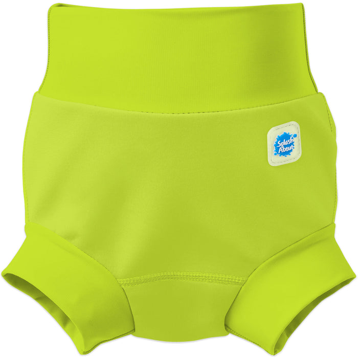 Flat lay image of neoprene swim diaper in bright lime green, front.