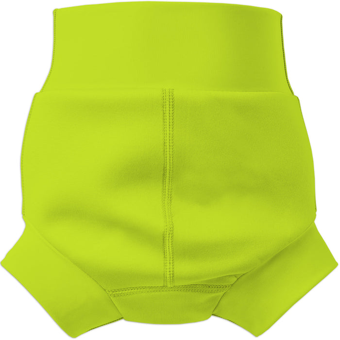 Flat lay image of neoprene swim diaper in bright lime green, back.