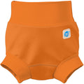 Flat lay image of neoprene swim diaper in bright orange, front.
