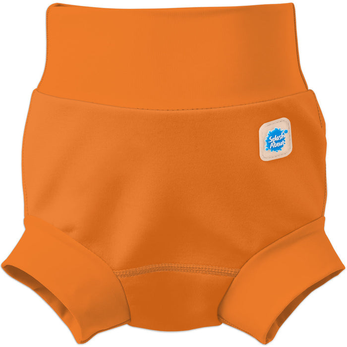 Flat lay image of neoprene swim diaper in bright orange, front.