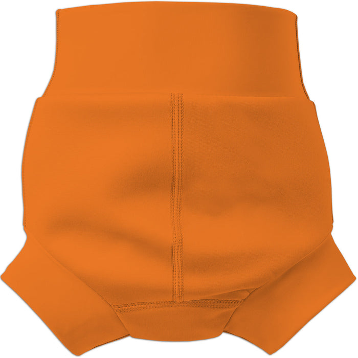 Flat lay image of neoprene swim diaper in bright orange, back.