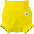Flat lay image of neoprene swim diaper in bright yellow, front.