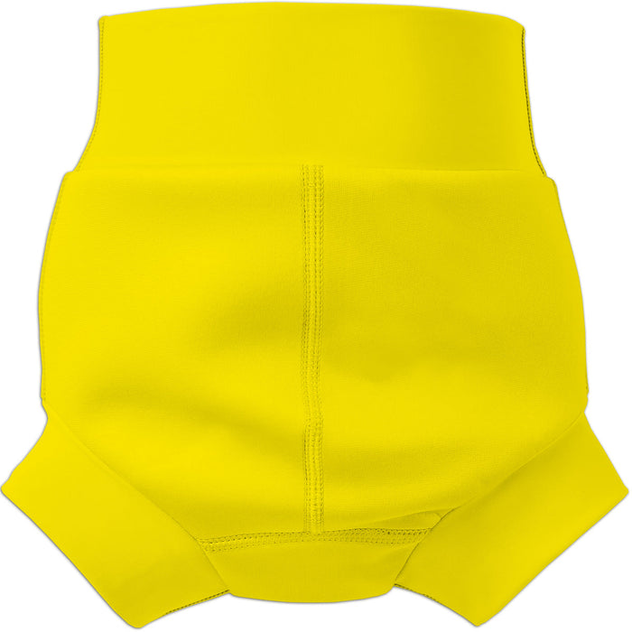 Flat lay image of neoprene swim diaper in bright yellow, back.