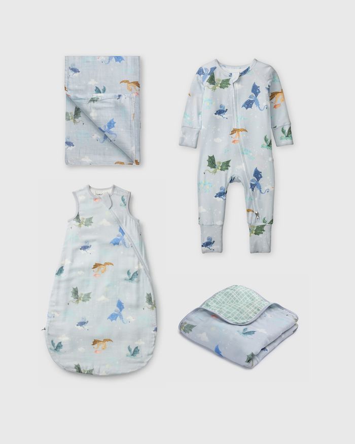 Loulou Lollipop Newborn Sleep Gift Bundle in Magical Dragons — front view on white background