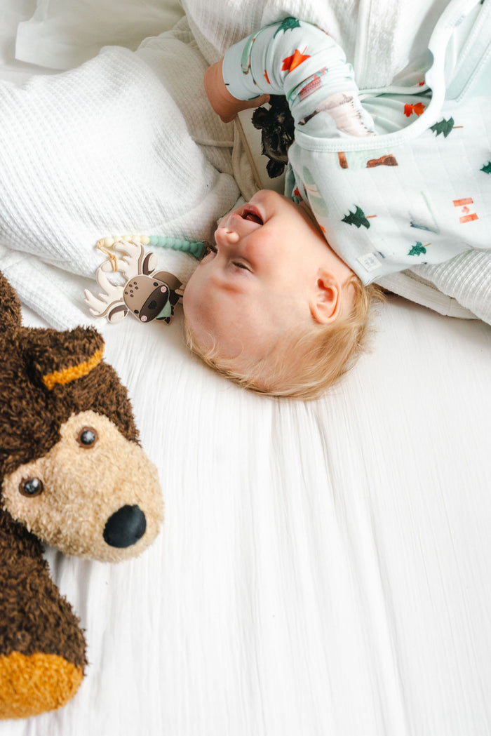 Baby in sleep bag and sleeper in all over Canada print and silicone teether in 
Moose
