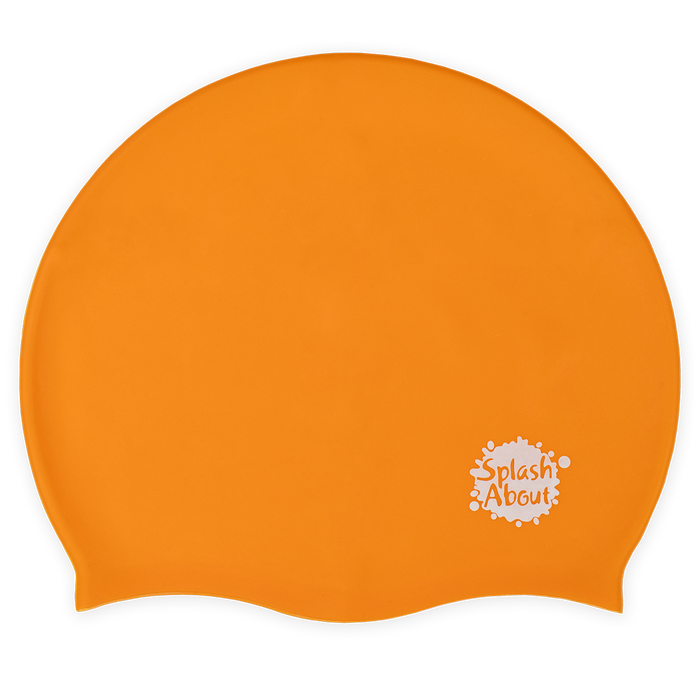 Flatlay image of orange silicone swim hat.