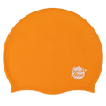 Flatlay image of orange silicone swim hat.