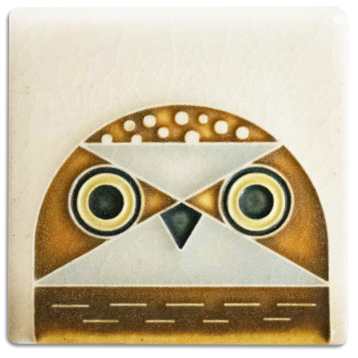 Owlet 3x3 art tile handmade by Motawi in Ann Arbor, Michigan.