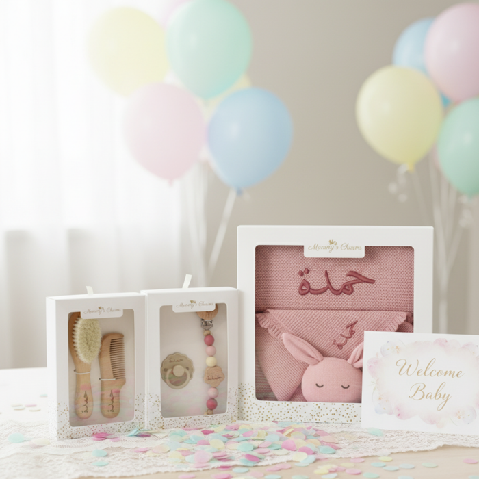 Personalized Baby Essentials Set – Hair Brush, Pacifier & Blanket Gift - baby shower gift bundle by Mommy's Charms
