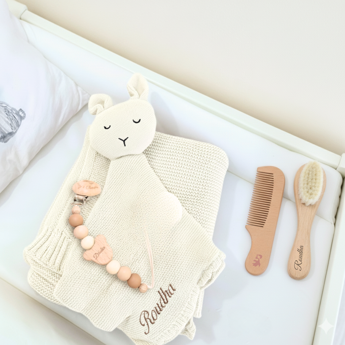 Personalized Baby Essentials Set – Hair Brush, Pacifier & Blanket Gift - baby shower gift bundle by Mommy's Charms
