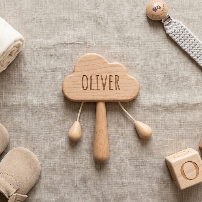 Personalized Cloud Wooden Baby Rattle – Name Sensory Toy