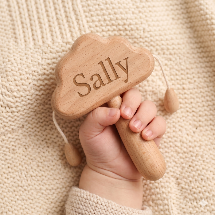 Personalized Cloud Wooden Baby Rattle – Name Sensory Toy