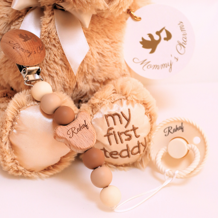 Personalized Pacifier Clip & FRIGG Set – Teddy Bear