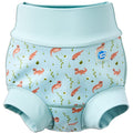 Reusable swim diaper in light blue and otters themed print. Front.