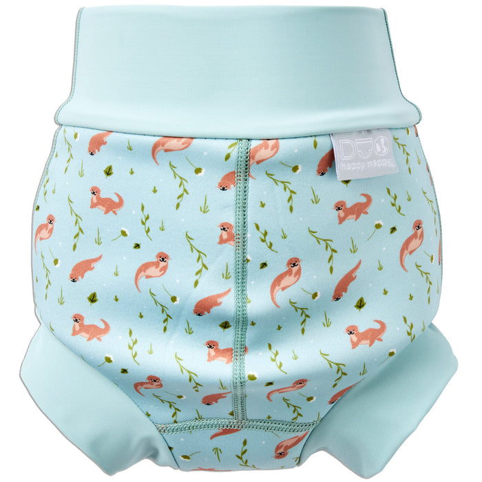 Reusable swim diaper in light blue and otters themed print. Back.