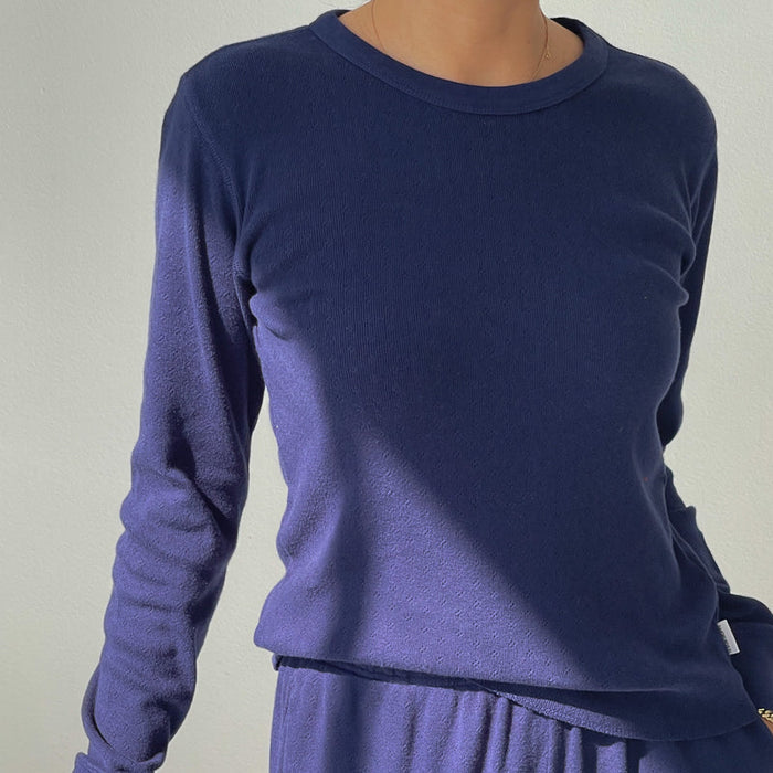 Pointelle Navy Long Sleeve Shirt