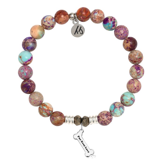 Purple Jasper Stone Bracelet with Fur Ever Love Sterling Silver Charm