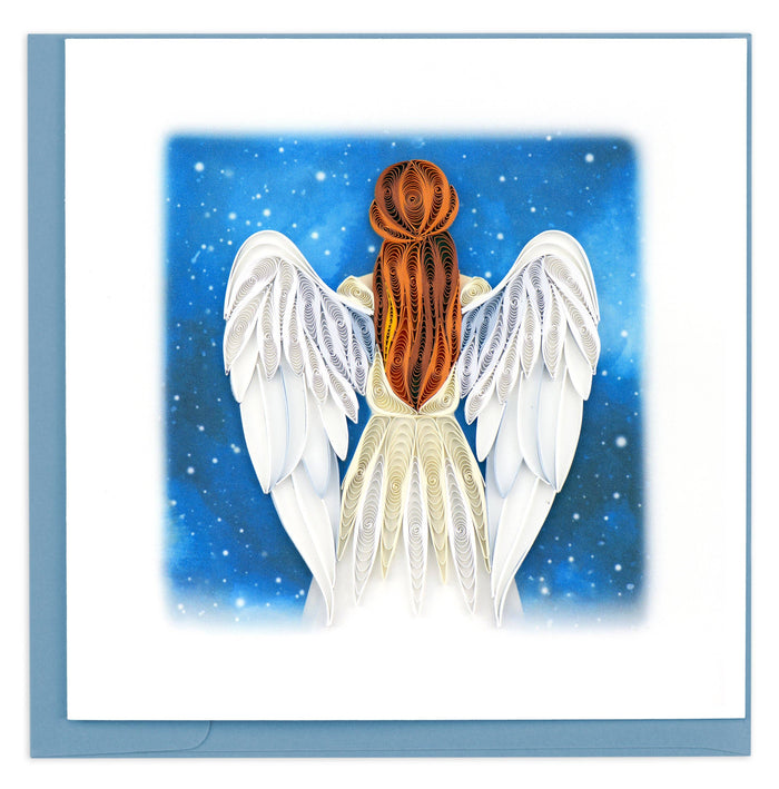 A greeting card featuring a quilled design of an angel with white wings and auburn hair, viewed from behind, against a blue starry sky background.