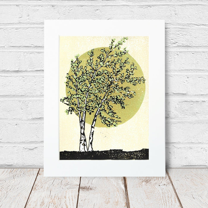 Radiant Birches.  8 in. x 10 in.  Original six-color linoleum block print by Natalia Wohletz of Peninsula Prints, Milford & Mackinac Island, Mich.