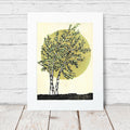 Radiant Birches.  8 in. x 10 in.  Original six-color linoleum block print by Natalia Wohletz of Peninsula Prints, Milford & Mackinac Island, Mich.